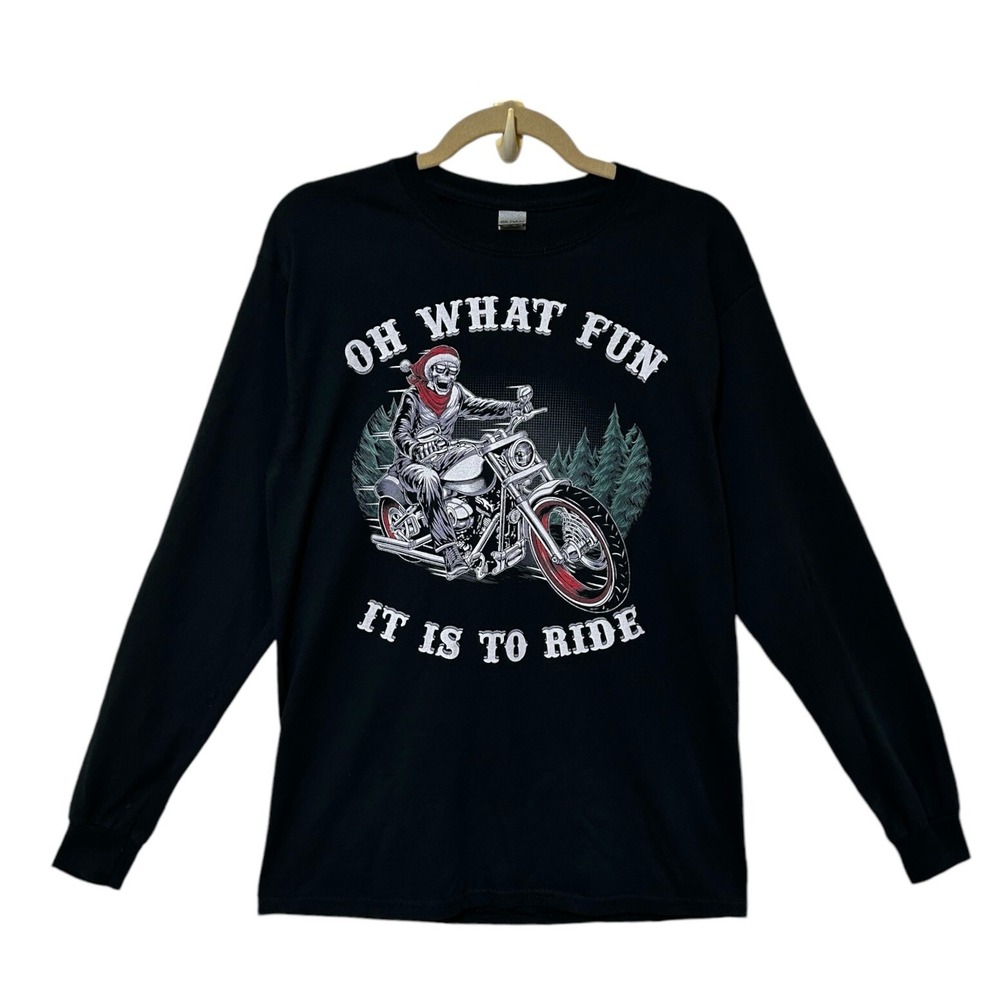 Motorcycle Santa Skeleton Mens T-Shirt Tee M Black Long Sleeve Christmas Biker